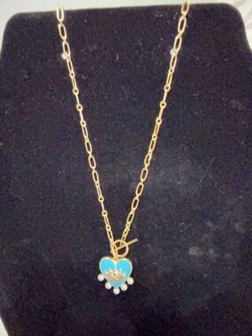 Gold Chain Necklace with Turquoise Heart Pendant and Pearl Accents 20” sizing av